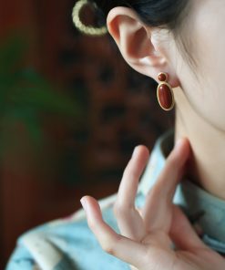18k Gold Plated Silver Oval Geometric Earrings with Natural South Red Agate - High-End Fashion Accessories for Women