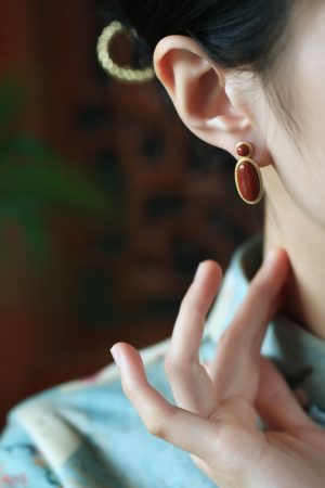 18k Gold Plated Silver Oval Geometric Earrings with Natural South Red Agate - High-End Fashion Accessories for Women