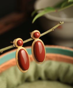 18k Gold Plated Silver Oval Geometric Earrings with Natural South Red Agate - High-End Fashion Accessories for Women