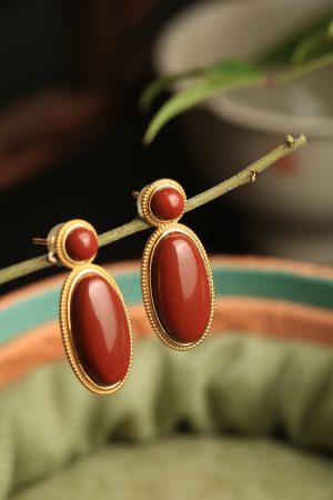 18k Gold Plated Silver Oval Geometric Earrings with Natural South Red Agate - High-End Fashion Accessories for Women