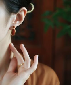 18k Gold Plated Silver Oval Geometric Earrings with Natural South Red Agate - High-End Fashion Accessories for Women