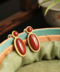 18k Gold Plated Silver Oval Geometric Earrings with Natural South Red Agate - High-End Fashion Accessories for Women