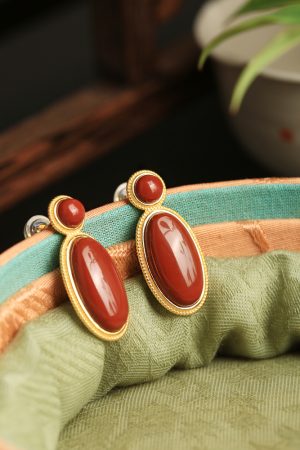 18k Gold Plated Silver Oval Geometric Earrings with Natural South Red Agate - High-End Fashion Accessories for Women