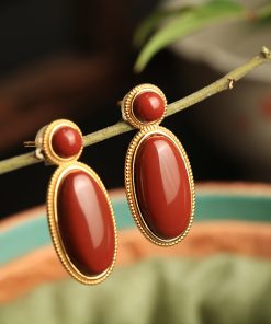 18k Gold Plated Silver Oval Geometric Earrings with Natural South Red Agate - High-End Fashion Accessories for Women