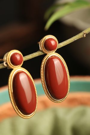 18k Gold Plated Silver Oval Geometric Earrings with Natural South Red Agate - High-End Fashion Accessories for Women