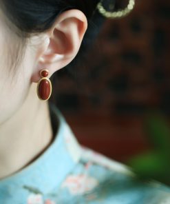 18k Gold Plated Silver Oval Geometric Earrings with Natural South Red Agate - High-End Fashion Accessories for Women