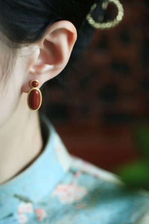 18k Gold Plated Silver Oval Geometric Earrings with Natural South Red Agate - High-End Fashion Accessories for Women