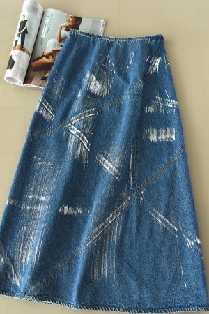 2025 Autumn A-Line Denim Skirt with Silver Foil, Patchwork Deconstruction, Mid-Length Cotton Fashion