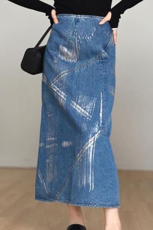 2025 Autumn A-Line Denim Skirt with Silver Foil, Patchwork Deconstruction, Mid-Length Cotton Fashion