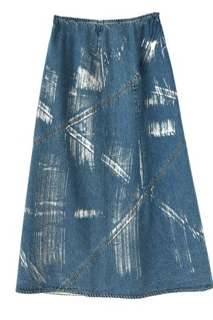 2025 Autumn A-Line Denim Skirt with Silver Foil, Patchwork Deconstruction, Mid-Length Cotton Fashion