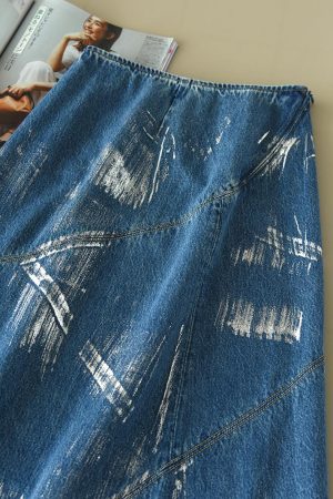 2025 Autumn A-Line Denim Skirt with Silver Foil, Patchwork Deconstruction, Mid-Length Cotton Fashion