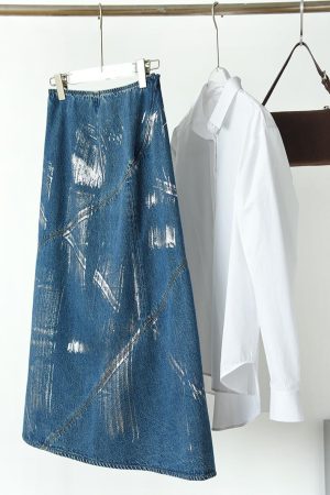 2025 Autumn A-Line Denim Skirt with Silver Foil, Patchwork Deconstruction, Mid-Length Cotton Fashion