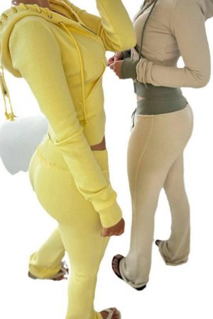 2025 Autumn/Winter Street Style Hooded Sweatshirt Jacket & Color Block Flared Knit Pants Set