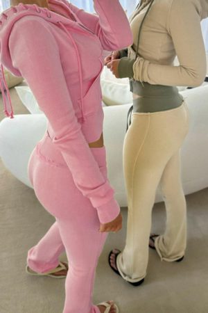 2025 Autumn/Winter Street Style Hooded Sweatshirt Jacket & Color Block Flared Knit Pants Set