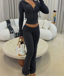 2025 Autumn/Winter Street Style Hooded Sweatshirt Jacket & Color Block Flared Knit Pants Set