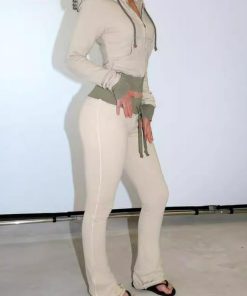 2025 Autumn/Winter Street Style Hooded Sweatshirt Jacket & Color Block Flared Knit Pants Set