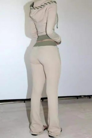 2025 Autumn/Winter Street Style Hooded Sweatshirt Jacket & Color Block Flared Knit Pants Set