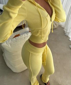 2025 Autumn/Winter Street Style Hooded Sweatshirt Jacket & Color Block Flared Knit Pants Set