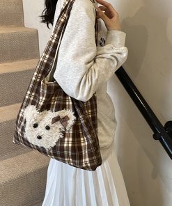 2025 Cute Cartoon Tote Bag for Women - Plaid Fabric Shoulder Bag with Color-Blocking Plush Design for Spring and Summer Commuting
