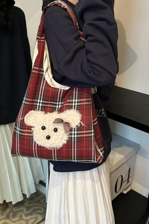 2025 Cute Cartoon Tote Bag for Women - Plaid Fabric Shoulder Bag with Color-Blocking Plush Design for Spring and Summer Commuting