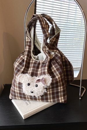2025 Cute Cartoon Tote Bag for Women - Plaid Fabric Shoulder Bag with Color-Blocking Plush Design for Spring and Summer Commuting