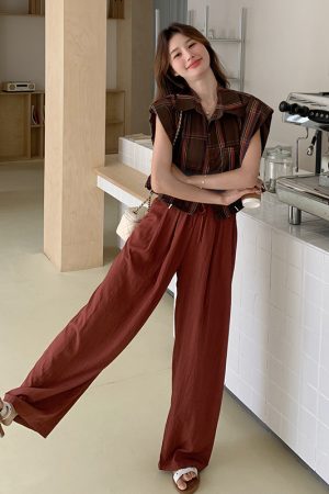 2025 New Casual Two-Piece Set: High-End Plaid Shirt and Wide-Leg Pants OOTD Outfit for Effortless Style