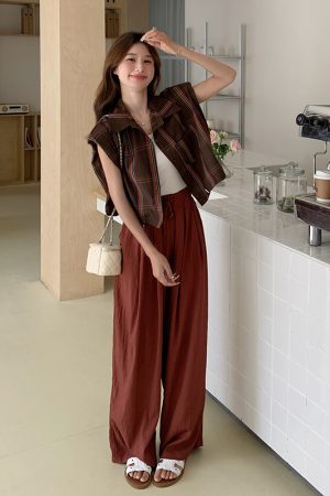 2025 New Casual Two-Piece Set: High-End Plaid Shirt and Wide-Leg Pants OOTD Outfit for Effortless Style