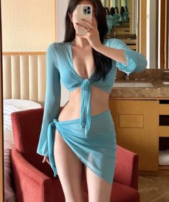 2025 Sexy Blue Split Swimsuit Set - Long Sleeve Mesh Four-Piece Bikini for Women, Perfect for Hot Spring Vacations