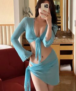 2025 Sexy Blue Split Swimsuit Set - Long Sleeve Mesh Four-Piece Bikini for Women, Perfect for Hot Spring Vacations