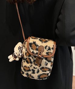2025 Spring Summer Women's Versatile Fluffy Leopard Print Lamb Wool Shoulder Crossbody Bag
