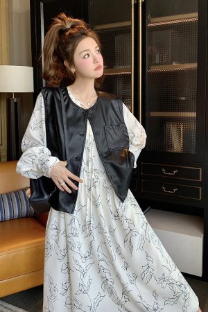 2025 Spring Women's French Design Two-Piece Set - Loose Leather Jacket & Floral Skirt - Trendy Fashion for Spring