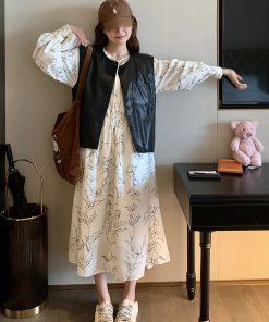 2025 Spring Women's French Design Two-Piece Set - Loose Leather Jacket & Floral Skirt - Trendy Fashion for Spring