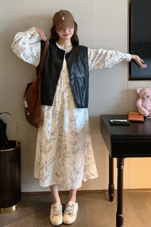 2025 Spring Women's French Design Two-Piece Set - Loose Leather Jacket & Floral Skirt - Trendy Fashion for Spring