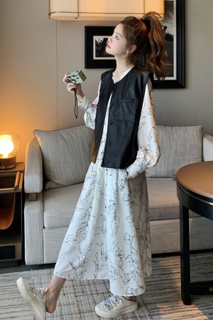 2025 Spring Women's French Design Two-Piece Set - Loose Leather Jacket & Floral Skirt - Trendy Fashion for Spring