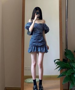 2025 Summer Blue Floral Dress for Women, Elegant Off-Shoulder Design, Slimming Effect, Puff Sleeves, Short Skirt, Y2K Style
