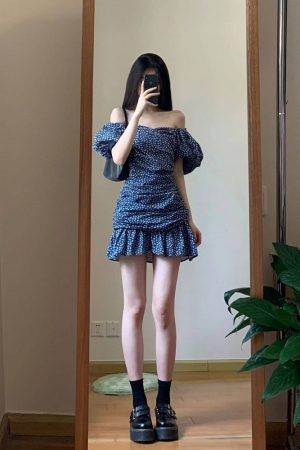 2025 Summer Blue Floral Dress for Women, Elegant Off-Shoulder Design, Slimming Effect, Puff Sleeves, Short Skirt, Y2K Style