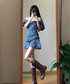 2025 Summer Blue Floral Dress for Women, Elegant Off-Shoulder Design, Slimming Effect, Puff Sleeves, Short Skirt, Y2K Style