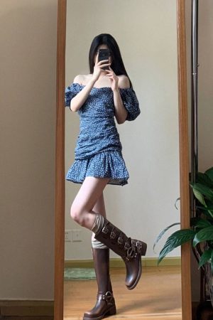 2025 Summer Blue Floral Dress for Women, Elegant Off-Shoulder Design, Slimming Effect, Puff Sleeves, Short Skirt, Y2K Style