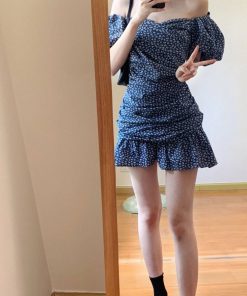 2025 Summer Blue Floral Dress for Women, Elegant Off-Shoulder Design, Slimming Effect, Puff Sleeves, Short Skirt, Y2K Style