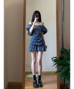 2025 Summer Blue Floral Dress for Women, Elegant Off-Shoulder Design, Slimming Effect, Puff Sleeves, Short Skirt, Y2K Style