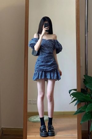 2025 Summer Blue Floral Dress for Women, Elegant Off-Shoulder Design, Slimming Effect, Puff Sleeves, Short Skirt, Y2K Style