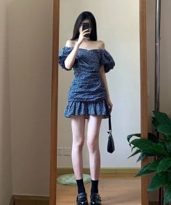 2025 Summer Blue Floral Dress for Women, Elegant Off-Shoulder Design, Slimming Effect, Puff Sleeves, Short Skirt, Y2K Style