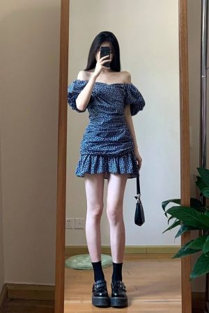 2025 Summer Blue Floral Dress for Women, Elegant Off-Shoulder Design, Slimming Effect, Puff Sleeves, Short Skirt, Y2K Style