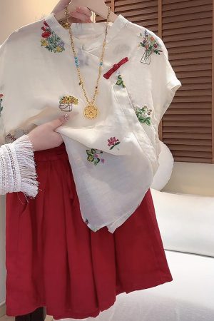 2025 Summer Casual Colorful Embroidered Asymmetrical Shirt and Shorts Set - Versatile Chinese Style Fashion