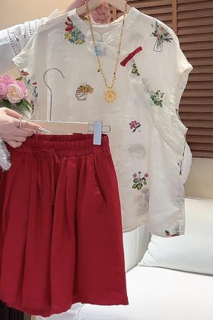 2025 Summer Casual Colorful Embroidered Asymmetrical Shirt and Shorts Set - Versatile Chinese Style Fashion