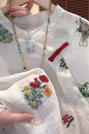 2025 Summer Casual Colorful Embroidered Asymmetrical Shirt and Shorts Set - Versatile Chinese Style Fashion