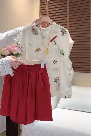 2025 Summer Casual Colorful Embroidered Asymmetrical Shirt and Shorts Set - Versatile Chinese Style Fashion