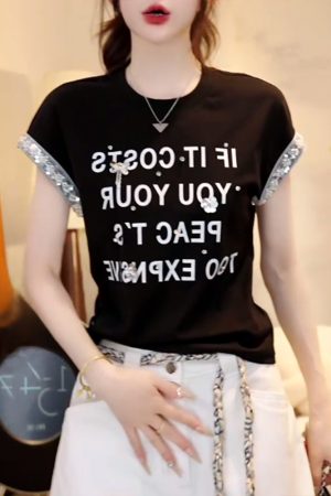2025 Summer Handmade Sequin Floral Waist-Defining Slim Fit Short Sleeve T-Shirt Top for Trendy Y2K Style