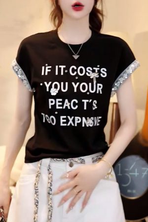 2025 Summer Handmade Sequin Floral Waist-Defining Slim Fit Short Sleeve T-Shirt Top for Trendy Y2K Style