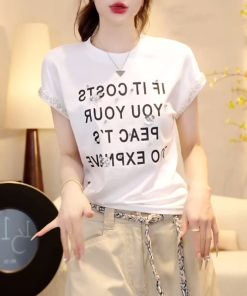 2025 Summer Handmade Sequin Floral Waist-Defining Slim Fit Short Sleeve T-Shirt Top for Trendy Y2K Style